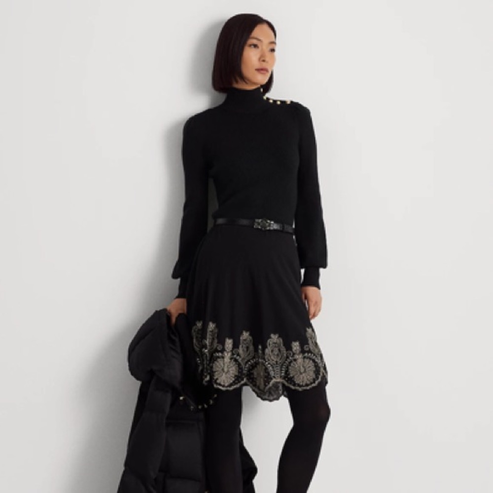 Lauren Ralph Lauren Black A-Line Skirt with Metallic Embroidery
